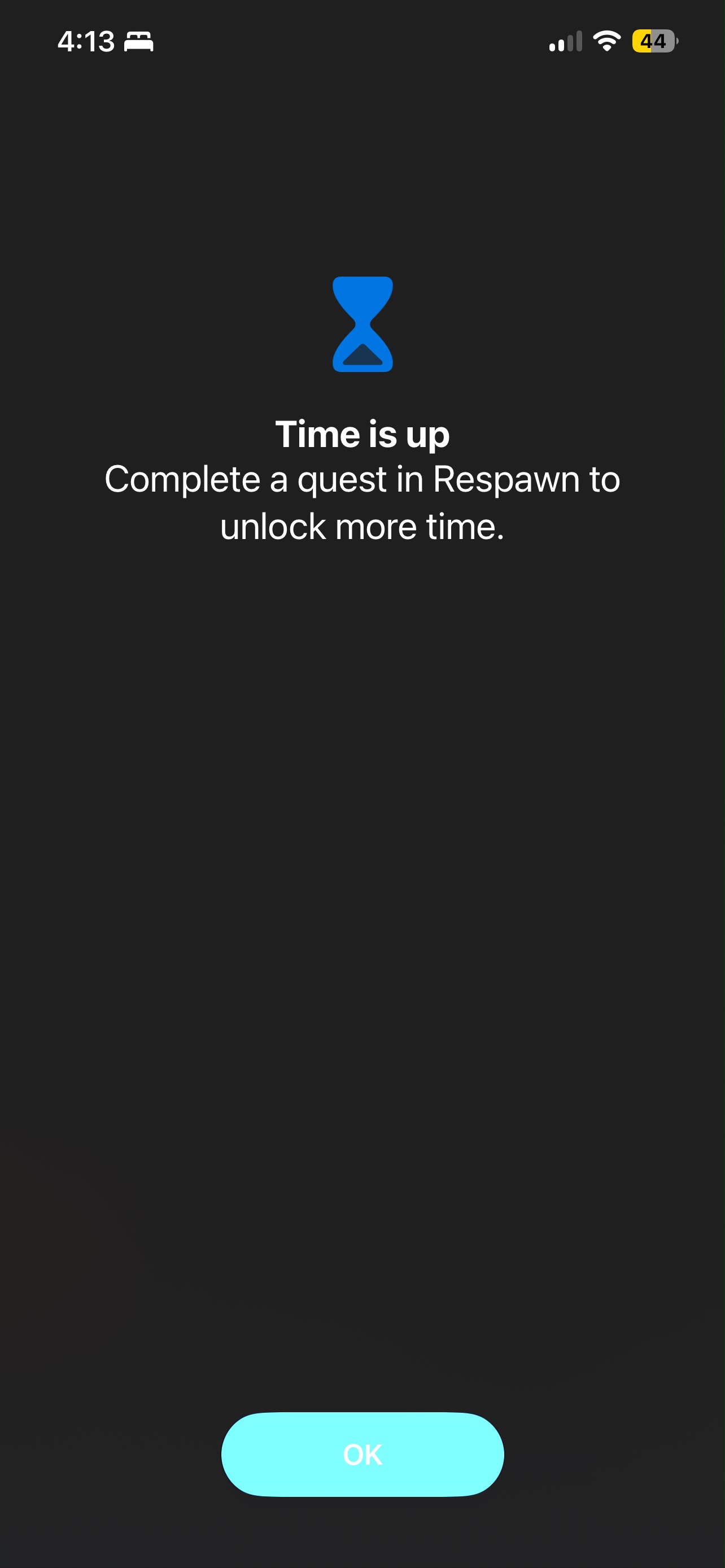 Respawn screen-time gate reading 'Time is up, complete a quest in Respawn to unlock more time.'